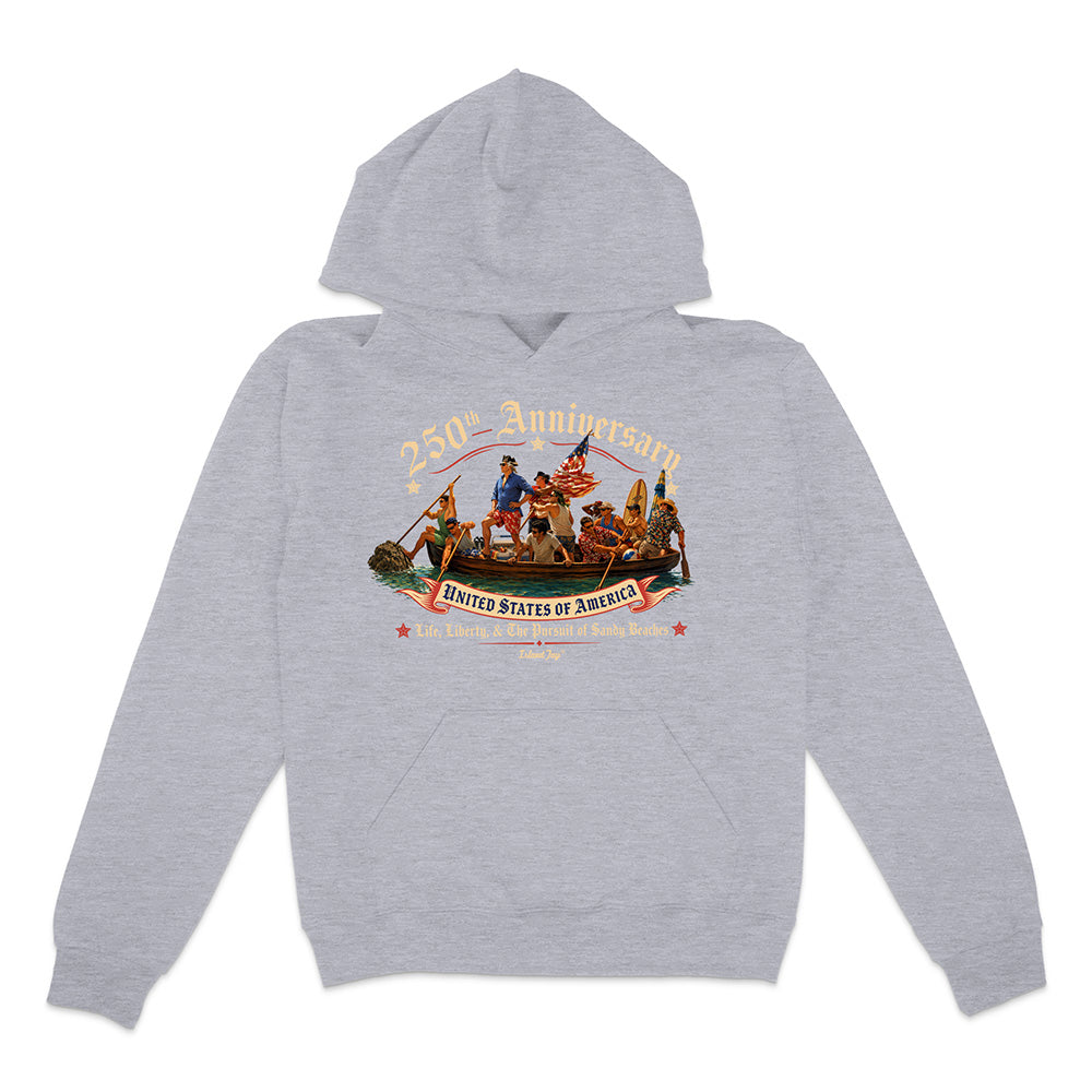 Gray hoodie with a colorful graphic on a white background