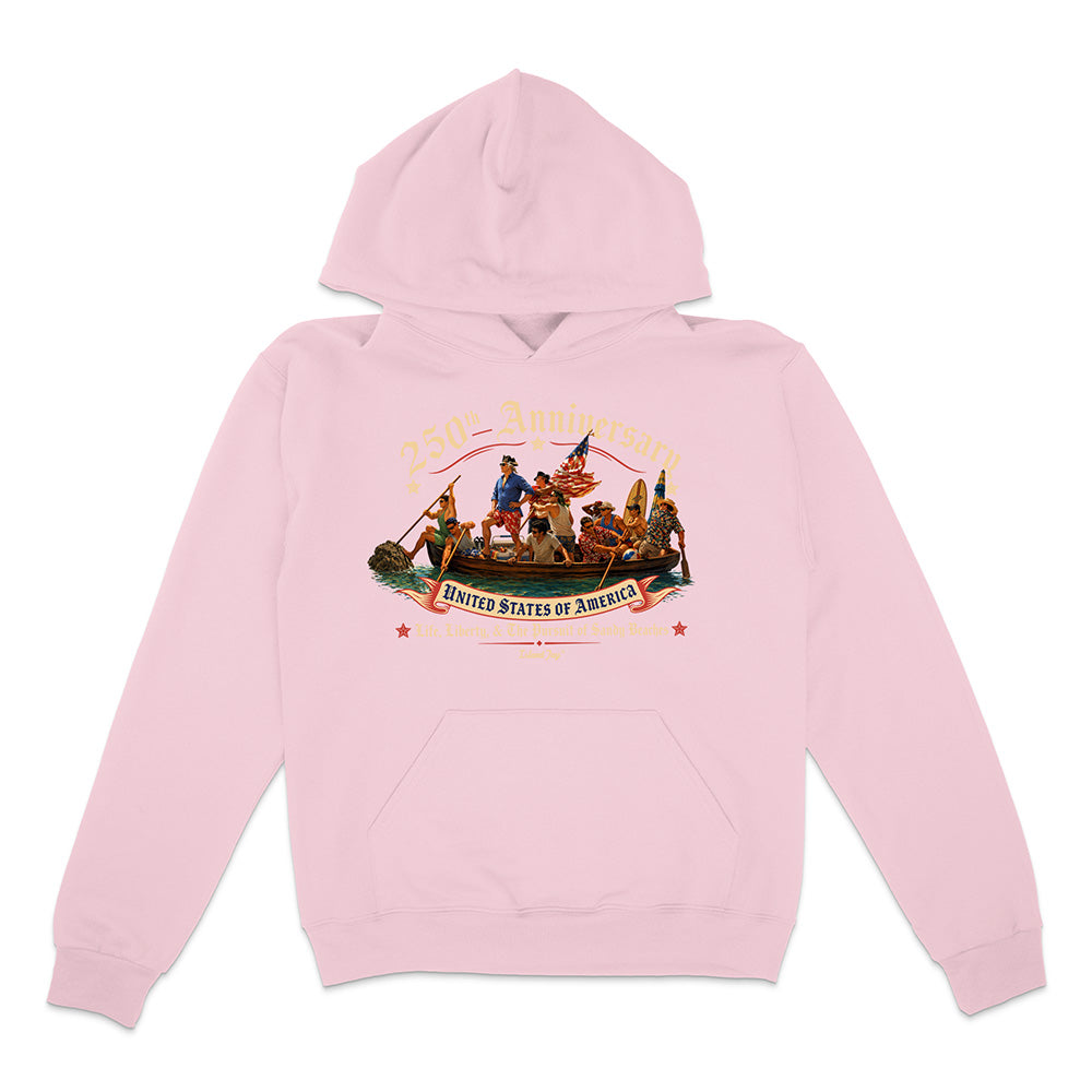 Pink hoodie with a graphic design on a white background