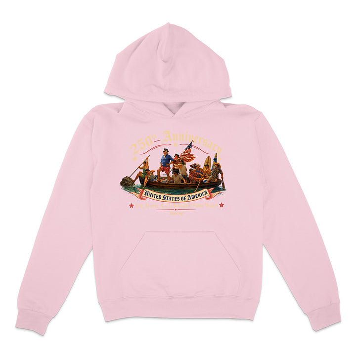 Pink hoodie with a graphic design on a white background