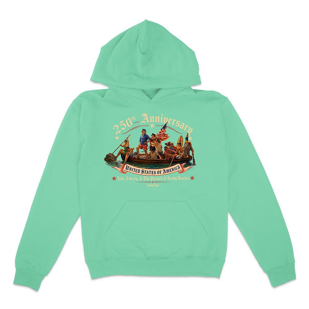 Mint green hoodie with a graphic design on a white background