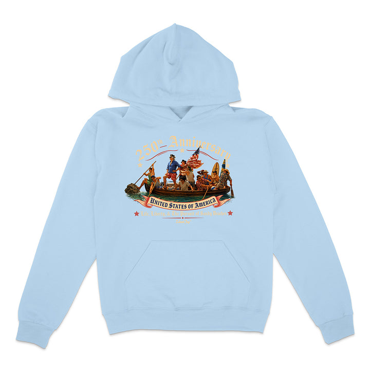 Light blue hoodie with a colorful graphic on a white background