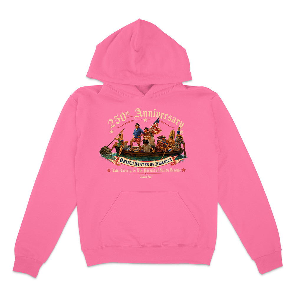 Pink hoodie with a graphic design on a white background