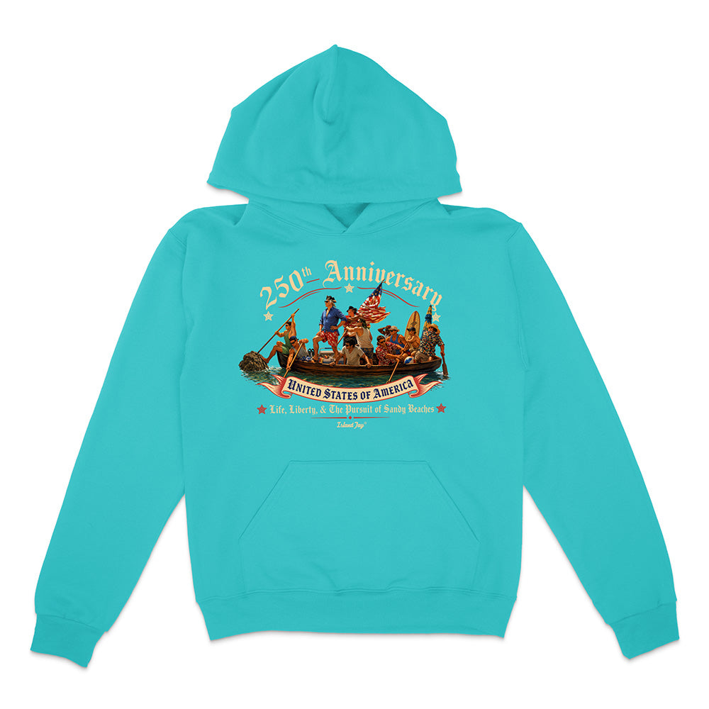 Turquoise hoodie with a graphic design on a white background