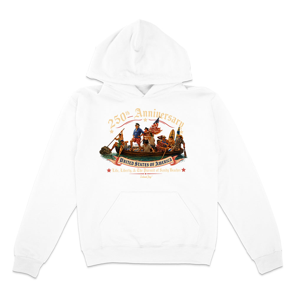 White hoodie with a colorful graphic design on a white background
