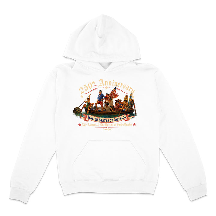 White hoodie with a colorful graphic design on a white background