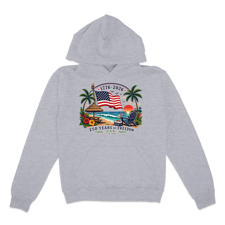Grey hoodie with patriotic tropical graphic design on a white background.