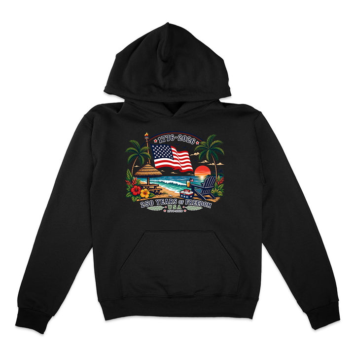 Black hoodie with patriotic tropical graphic design on a white background.