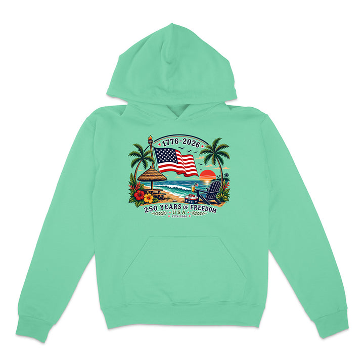 Mint hoodie with patriotic tropical graphic design on a white background.