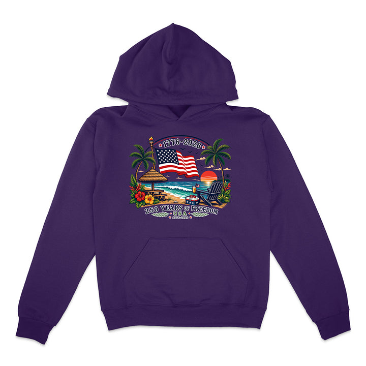 Purple hoodie with patriotic tropical graphic design on a white background.