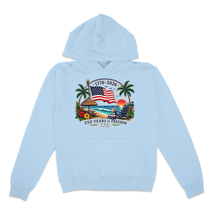 Blue hoodie with patriotic tropical graphic design on a white background.