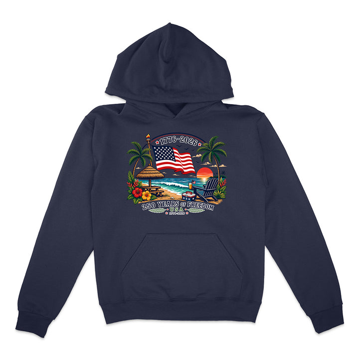 Navy hoodie with patriotic tropical graphic design on a white background.