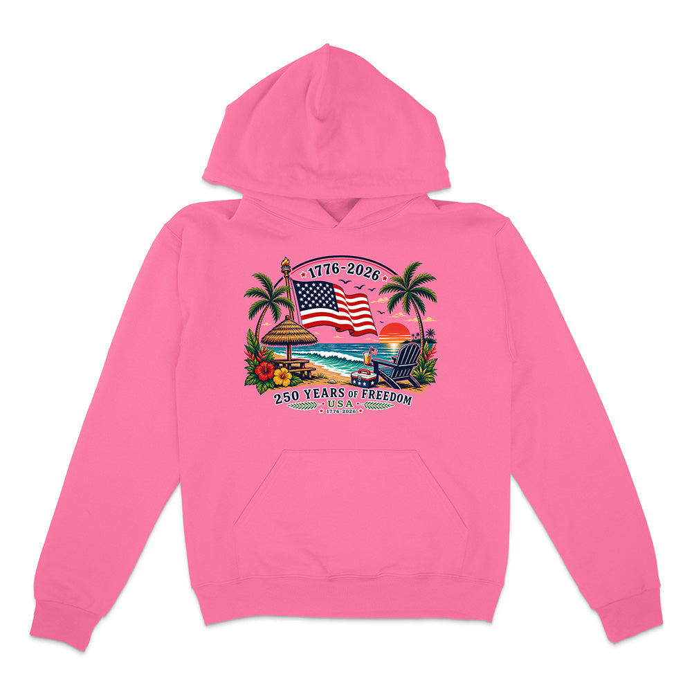 Pink  hoodie with patriotic tropical graphic design on a white background.