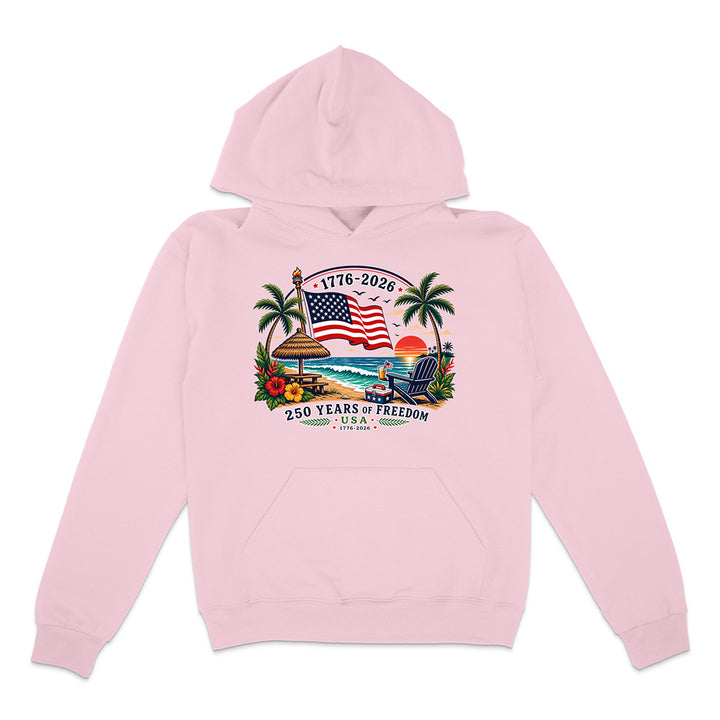 Pink hoodie with patriotic tropical graphic design on a white background.