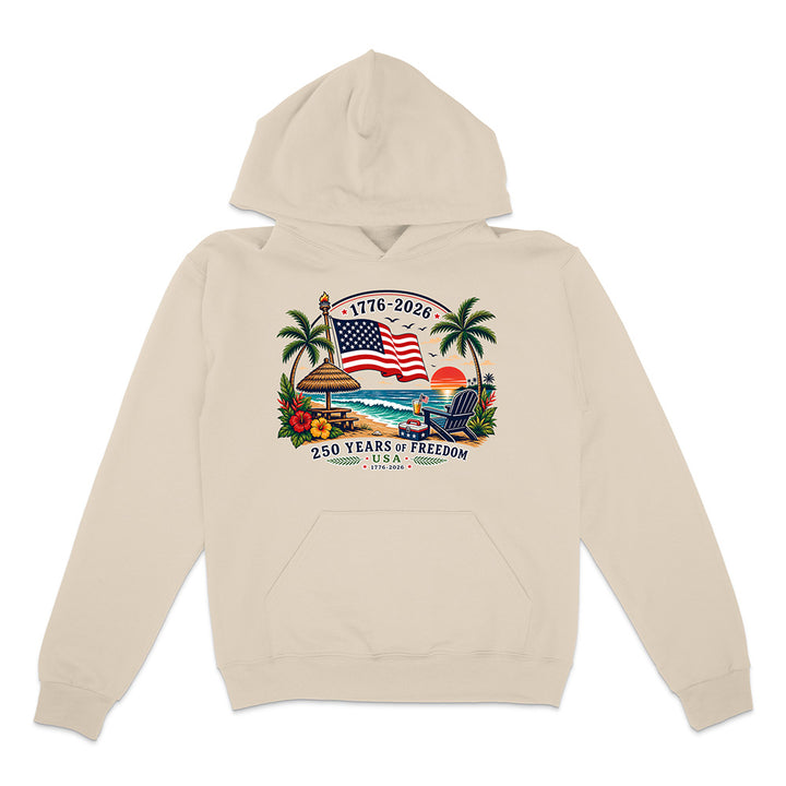Beige hoodie with patriotic tropical graphic design on a white background.