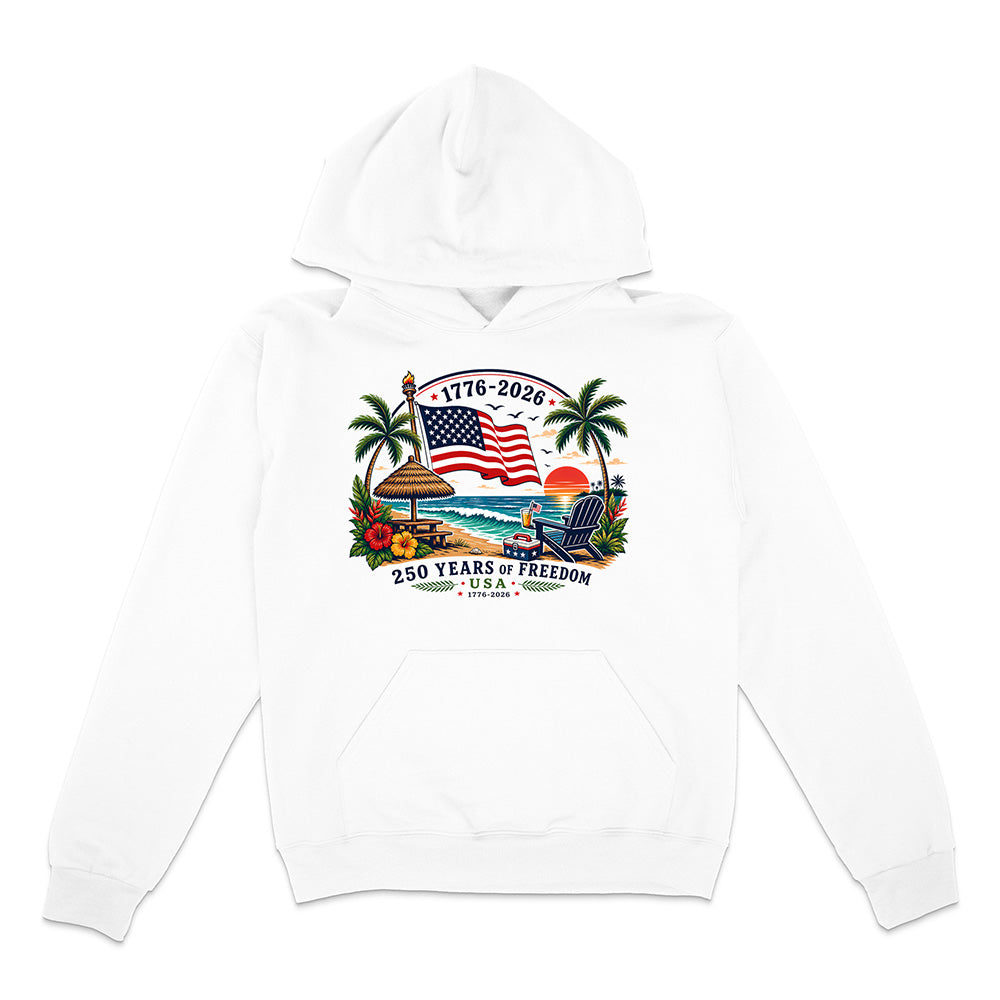 White hoodie with patriotic tropical graphic design on a white background.