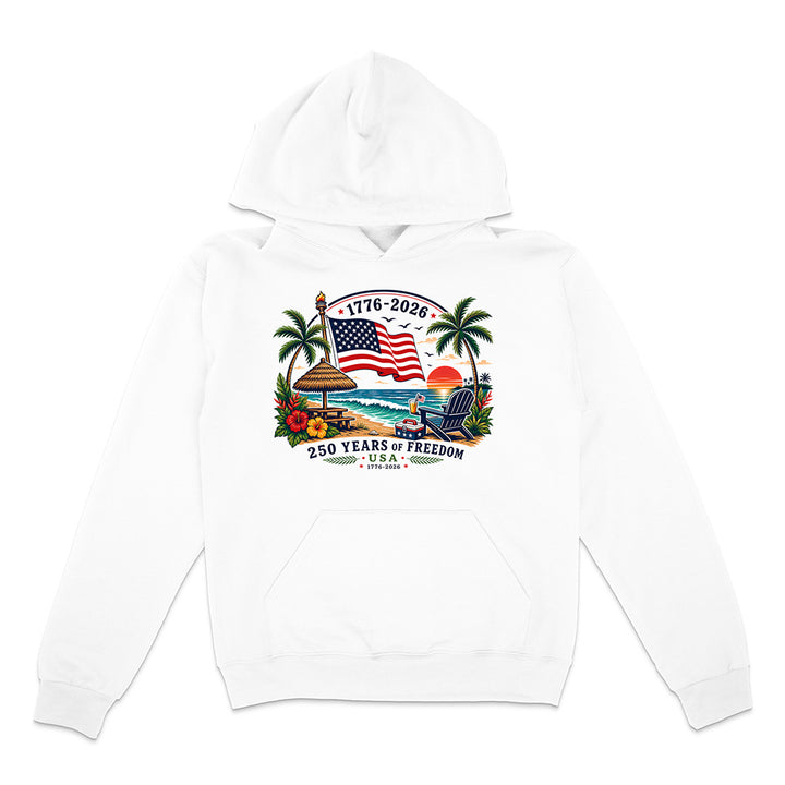 White hoodie with patriotic tropical graphic design on a white background.