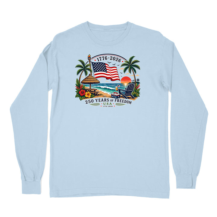 250th US Anniversay Tropical Edition design with flag and beach