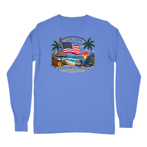 250th US Anniversay Tropical Edition design with flag and beach