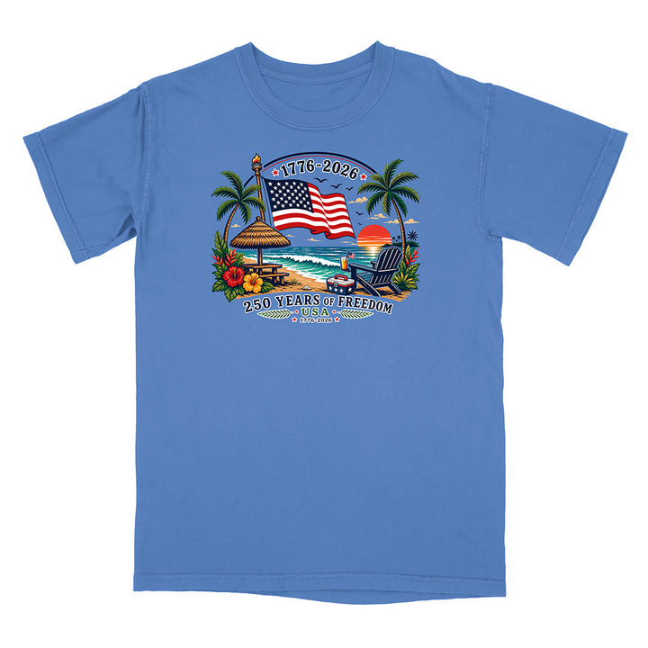 Blue T-Shirt with Patriotic Tropical Design on a white background
