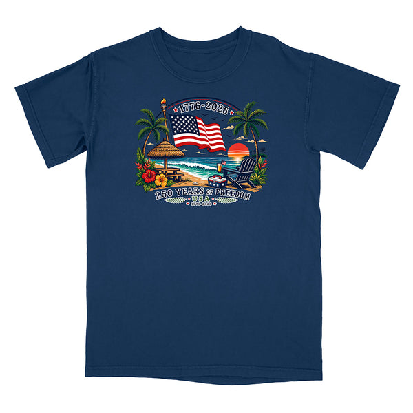 Blue T-Shirt with Patriotic Tropical Design on a white background