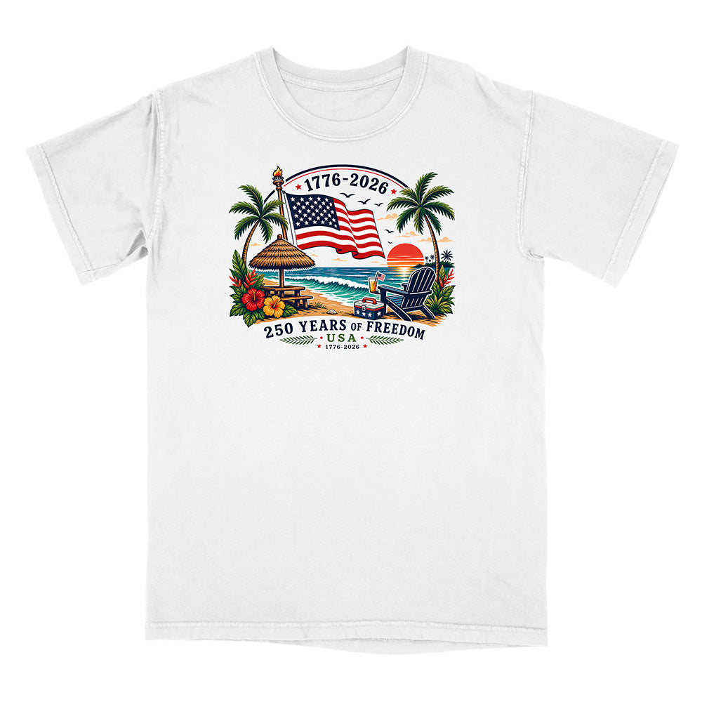 White T-Shirt with Patriotic Tropical Design on a white background