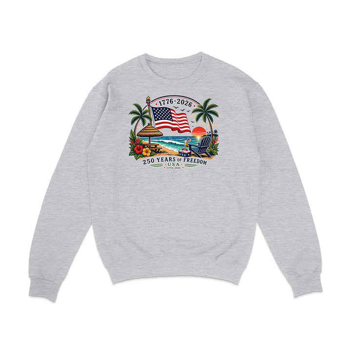 Grey Sweatshirt with a patriotic tropical design on a white background