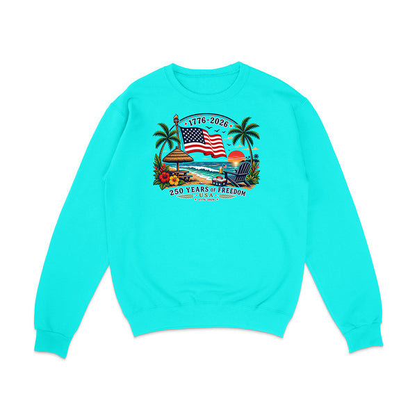 Blue Sweatshirt with a patriotic tropical design on a white background