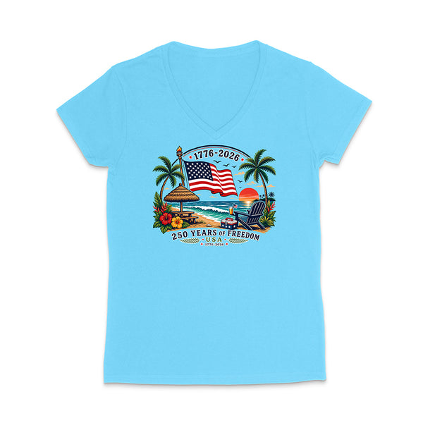 Blue T-Shirt with Patriotic Beach Graphic