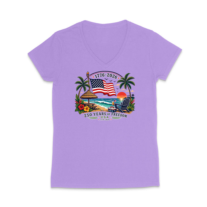 Violet T-Shirt with Patriotic Beach Graphic
