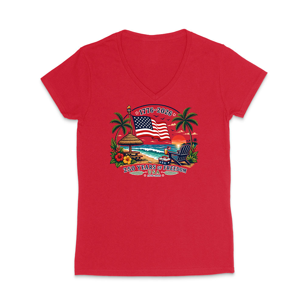 Red T-Shirt with Patriotic Beach Graphic