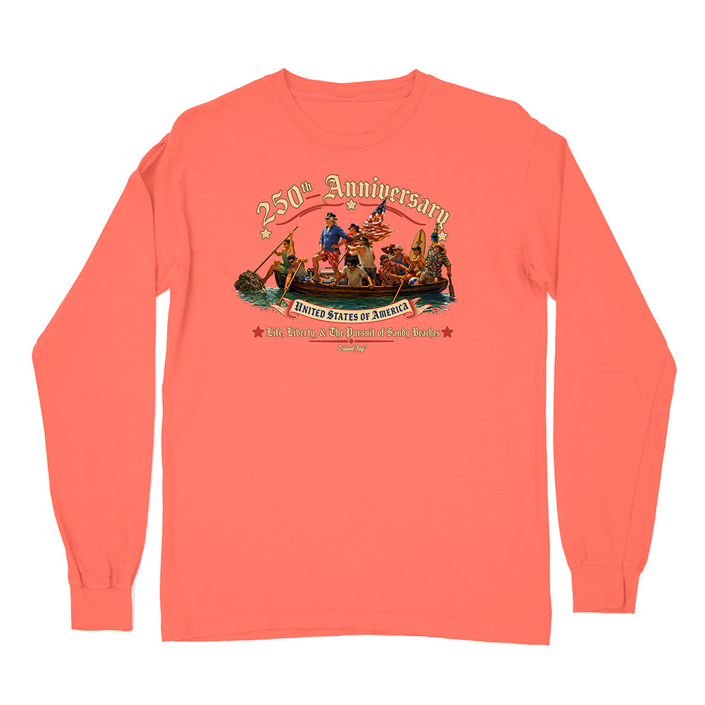 Coral long-sleeve shirt with a graphic design on a white background