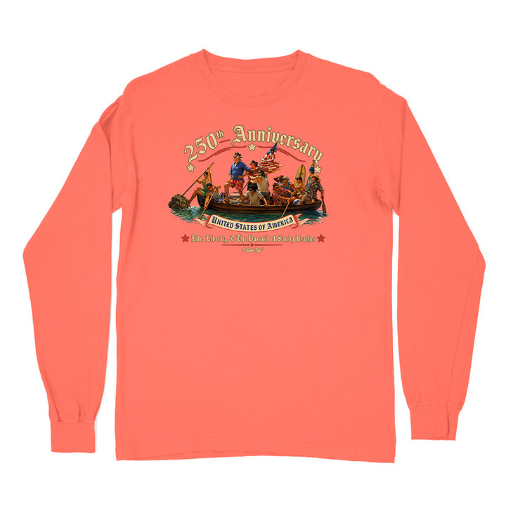 Coral long-sleeve shirt with a graphic design on a white background