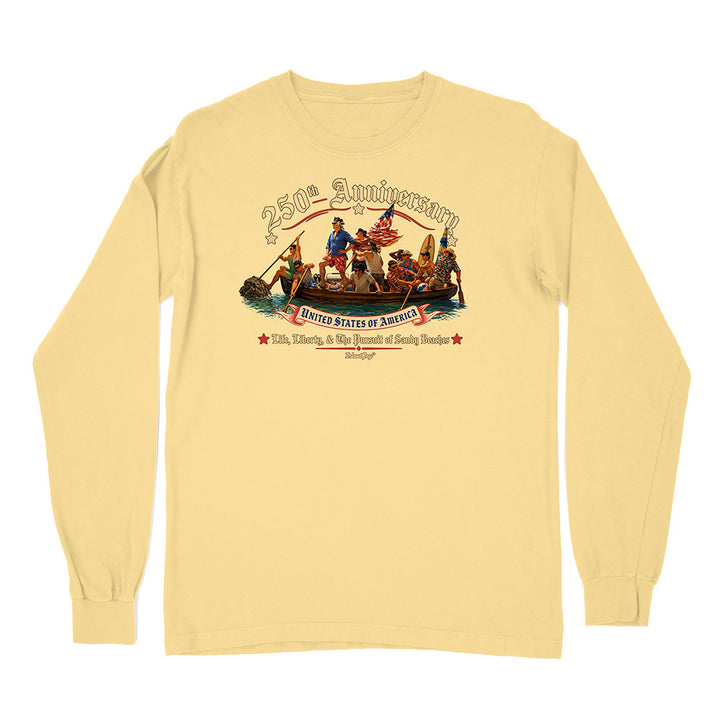 Yellow long-sleeve shirt with a graphic design on a white background