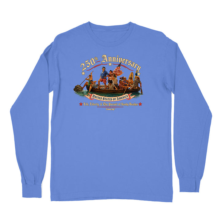 Blue long-sleeve shirt with a graphic design on a white background