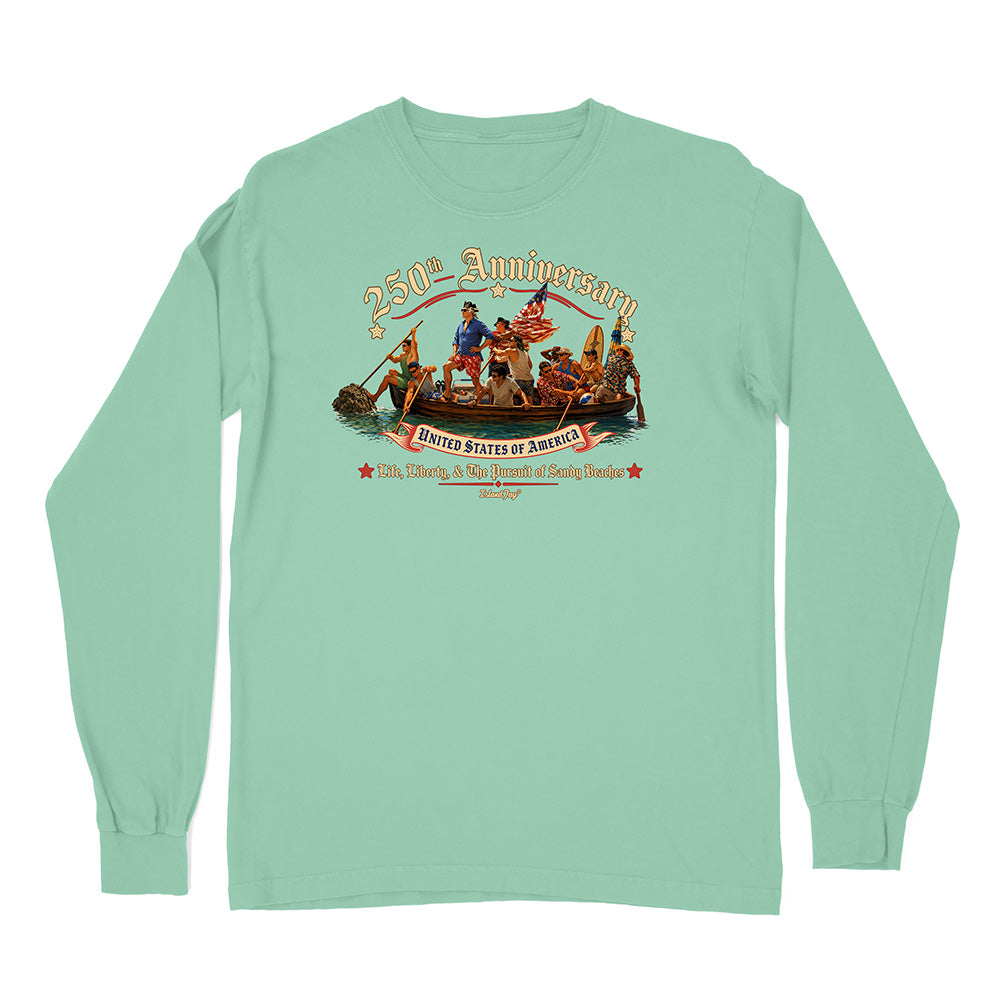 Mint green long-sleeve shirt with a graphic design on a white background