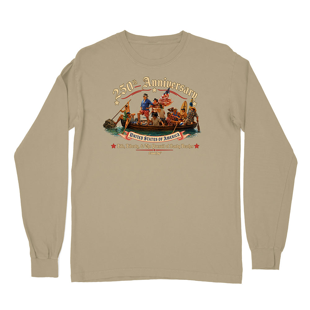 Beige long-sleeve shirt with a graphic design on a white background