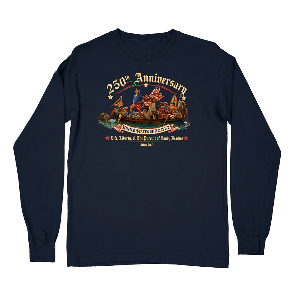 Navy blue long-sleeve shirt with a graphic design on a white background