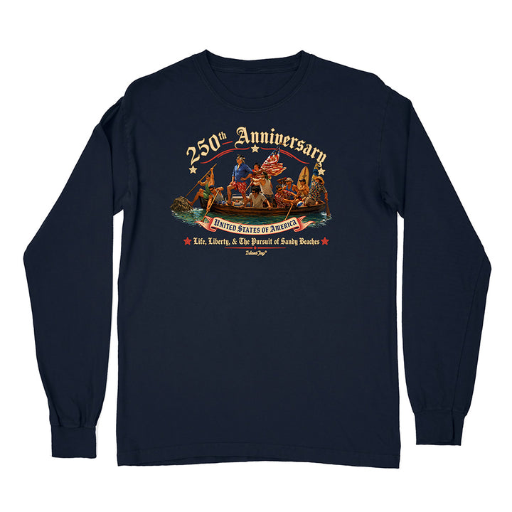 Navy blue long-sleeve shirt with a graphic design on a white background