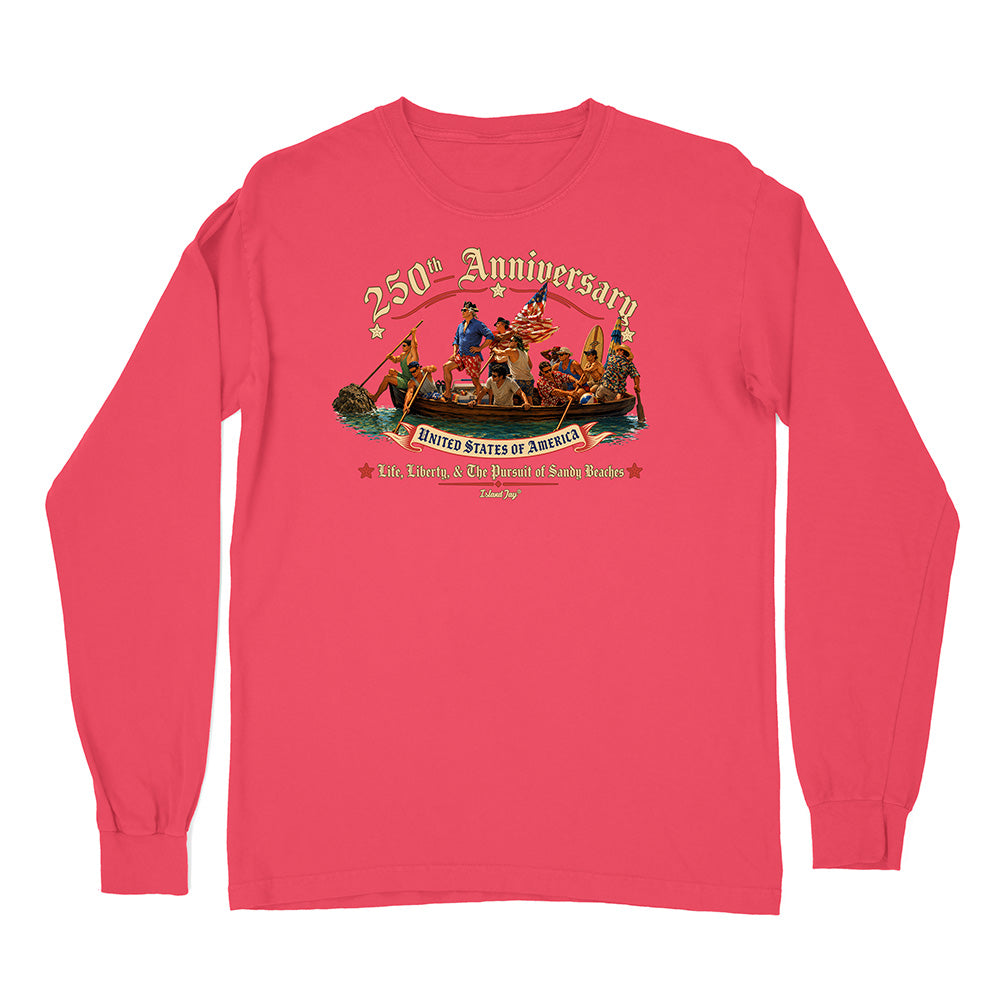 Red long-sleeve shirt with a graphic design on a white background