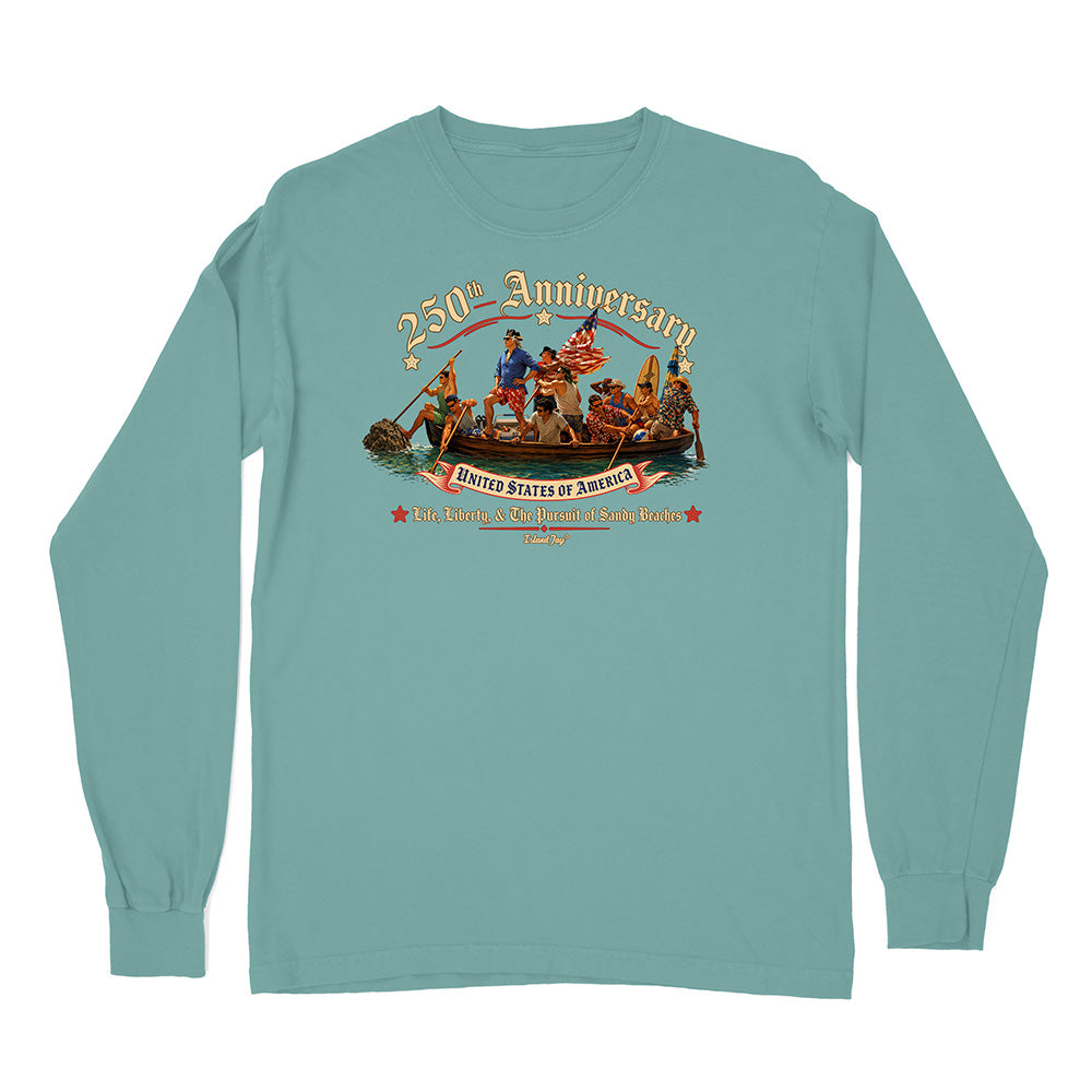 Teal long-sleeve shirt with a graphic design on a white background