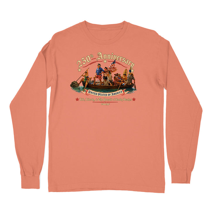 Peach long-sleeve shirt with a graphic design on a white background
