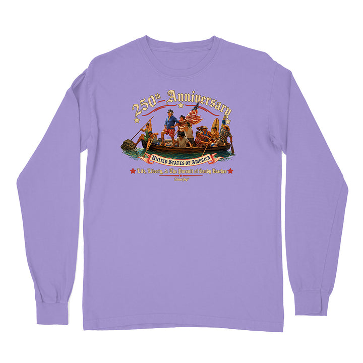 Purple long-sleeve shirt with a graphic design on a white background