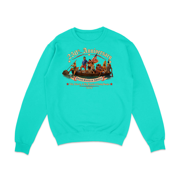 Turquoise sweatshirt with a graphic design on a white background