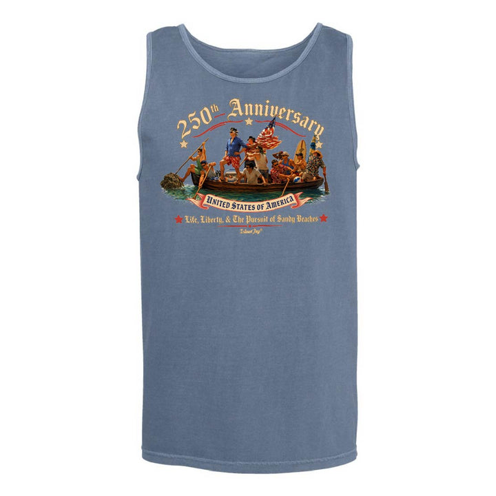 Blue tank top with 250th Anniversary design on a white background