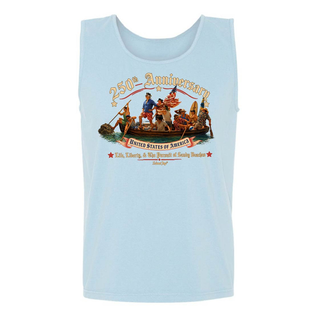 Light blue tank top with a graphic design on a white background