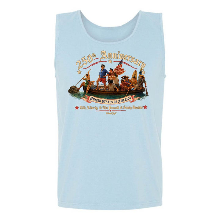Light blue tank top with a graphic design on a white background