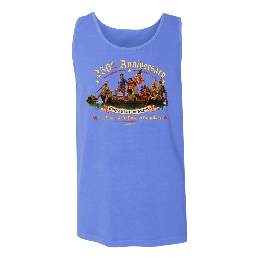 Blue tank top with a graphic design on a white background