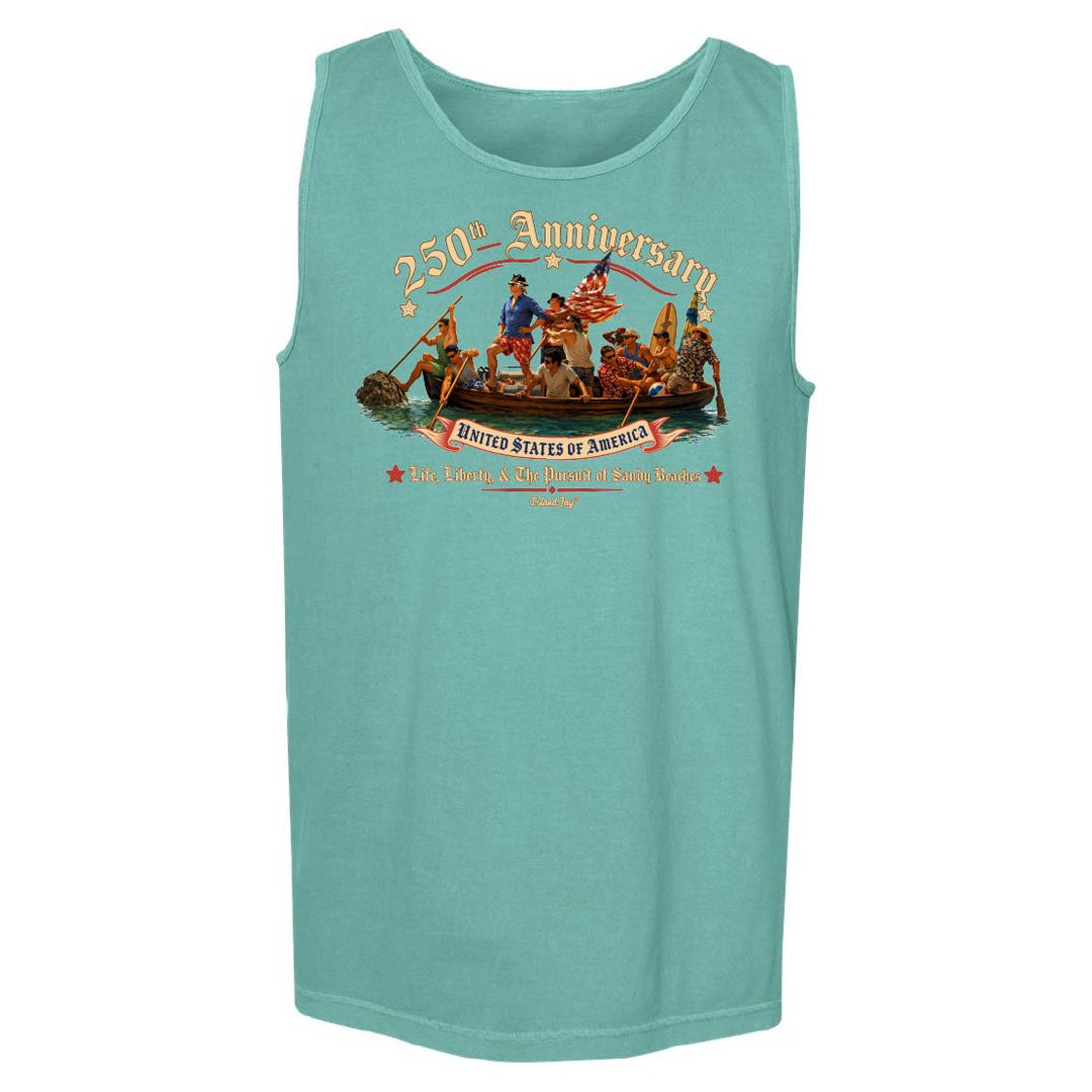Teal tank top with a graphic design on a white background
