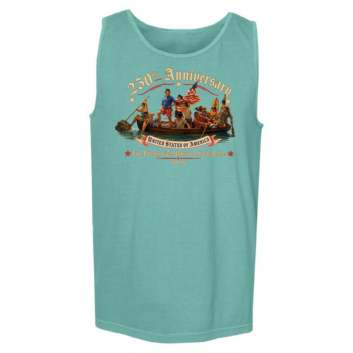 Teal tank top with a graphic design on a white background