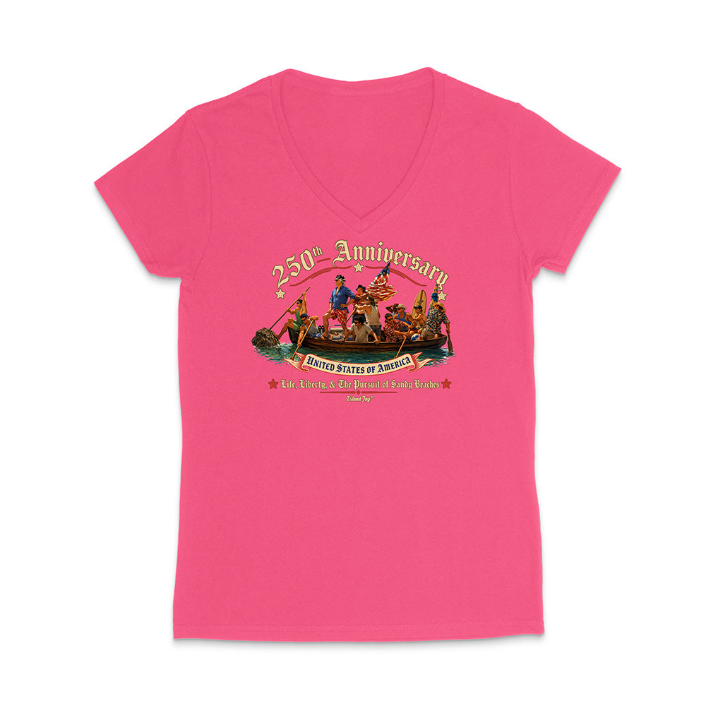 Pink t-shirt with a colorful graphic and text on a white background